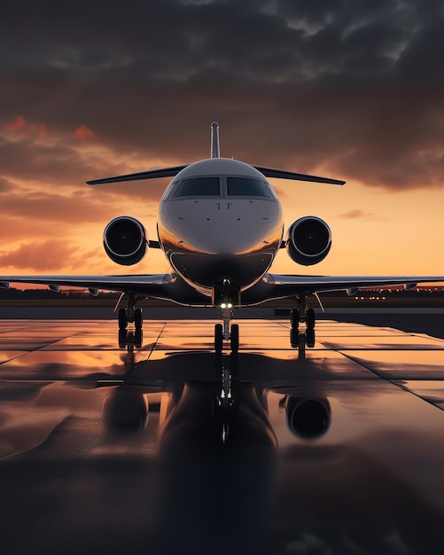 Photo a plane is sitting on a runway with the sun setting behind it.