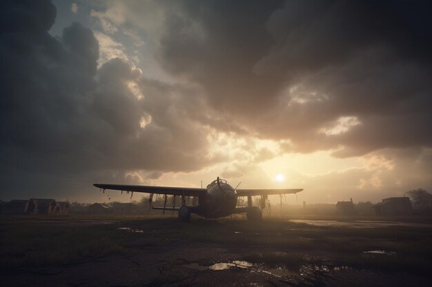 A plane is sitting on a runway with the sun shining through the clouds.