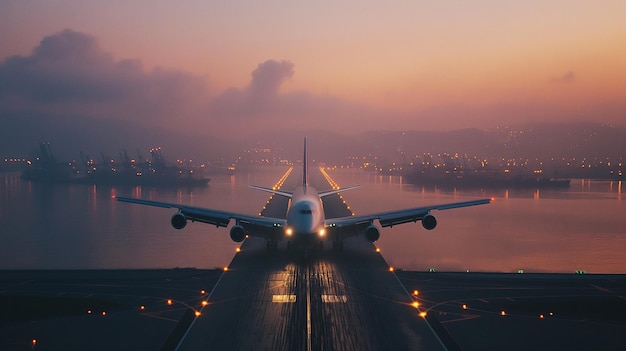 a plane is taking off from the runway at night