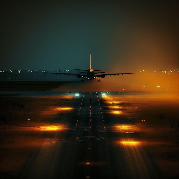 Самолет взлетает со взлетно-посадочной полосы ночью.