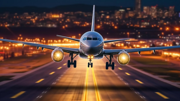 A plane is taking off from a runway at night.