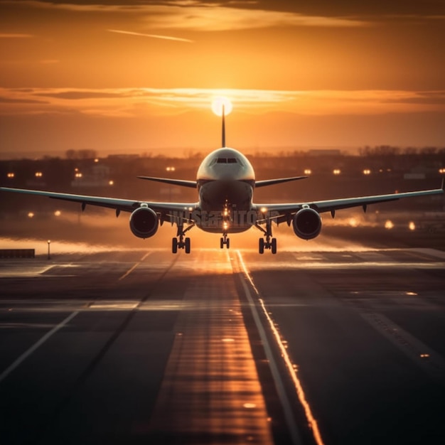 A plane is taking off from the runway at sunset.