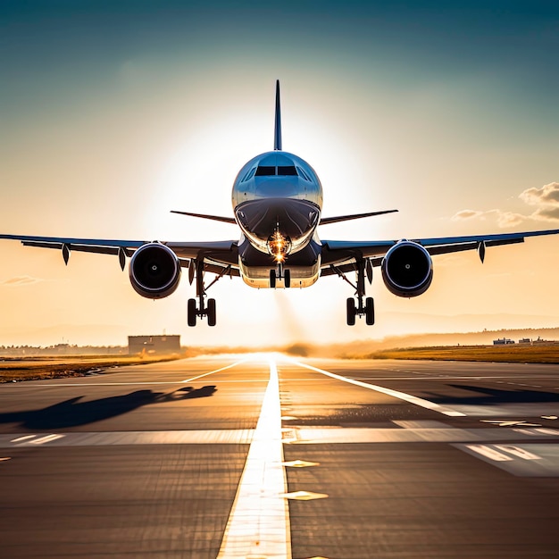 A plane is taking off from a runway at sunset