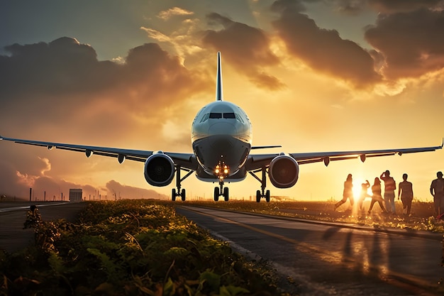 a plane is taking off from the runway at sunset