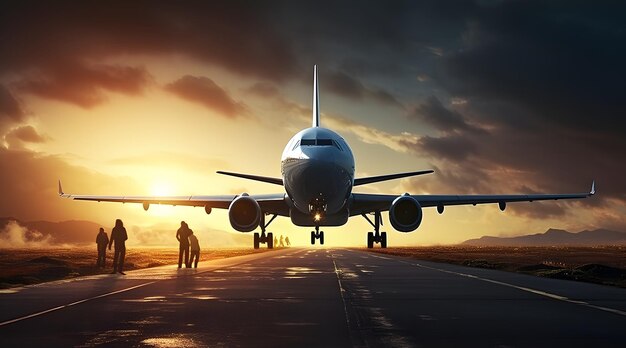 a plane is taking off from the runway at sunset