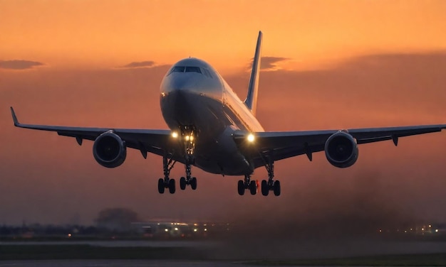 a plane is taking off from a runway at sunset