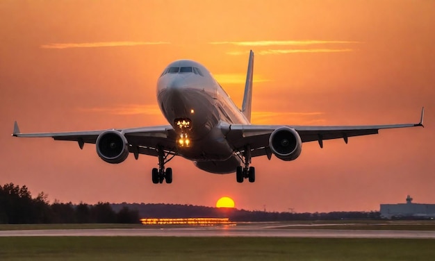 a plane is taking off from a runway at sunset