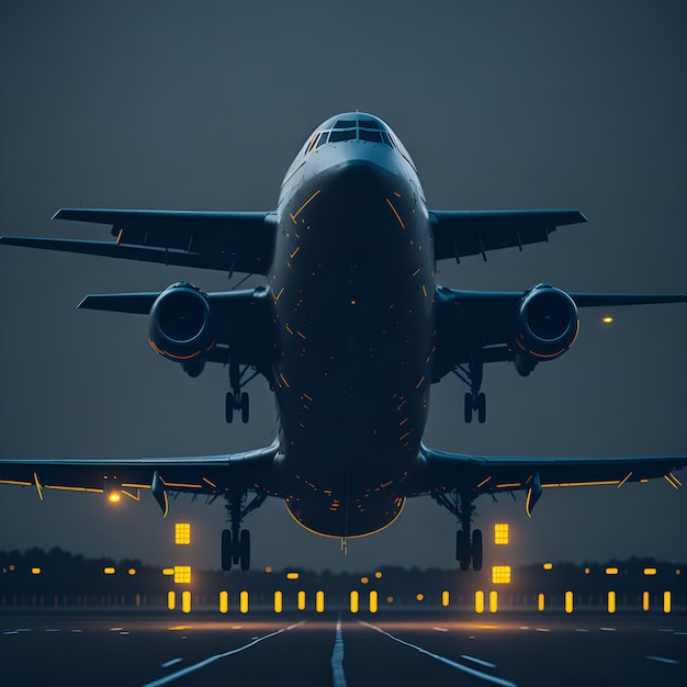 A plane is taking off at night with the lights on.