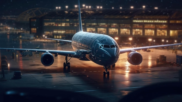 A plane is taking off at night with the lights on.