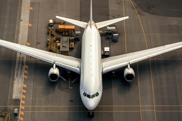 Foto un aereo è sulla pista con un camion in primo piano