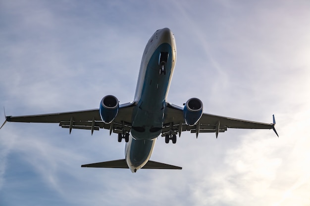 Plane lands close-up, airplane in the sky