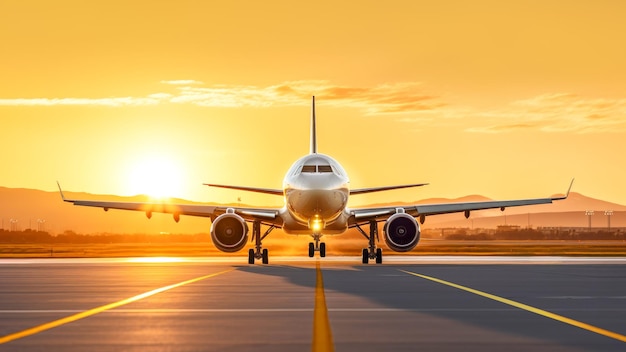 Plane on runway is preparing for takeoff on amazing sunset sky background Concept of traveling