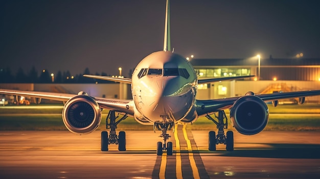 Photo a plane on the runway at nightgenerative ai