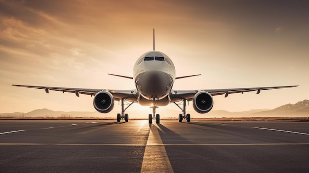 Plane in the runway ready to fly at sunset