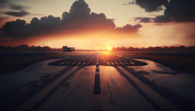 Photo a plane on a runway at sunset with the sun setting behind it.