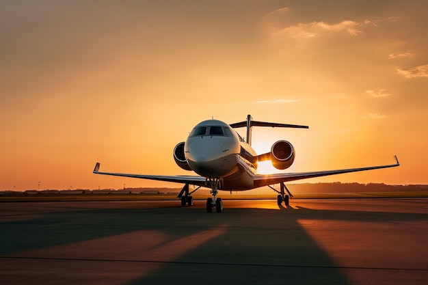 A plane on the runway at sunset