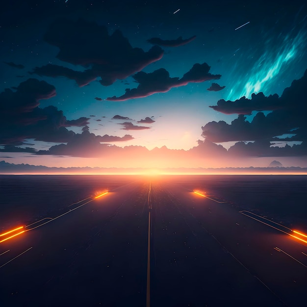 A plane runway with lights on the runway and the sky with the auroras in the background.