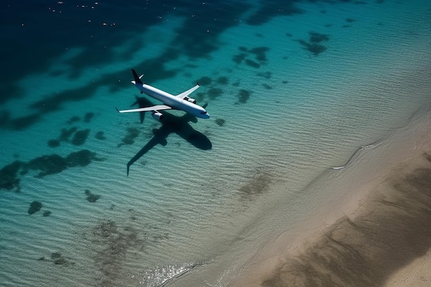 Plane shadow on oceanic shore Generative AI