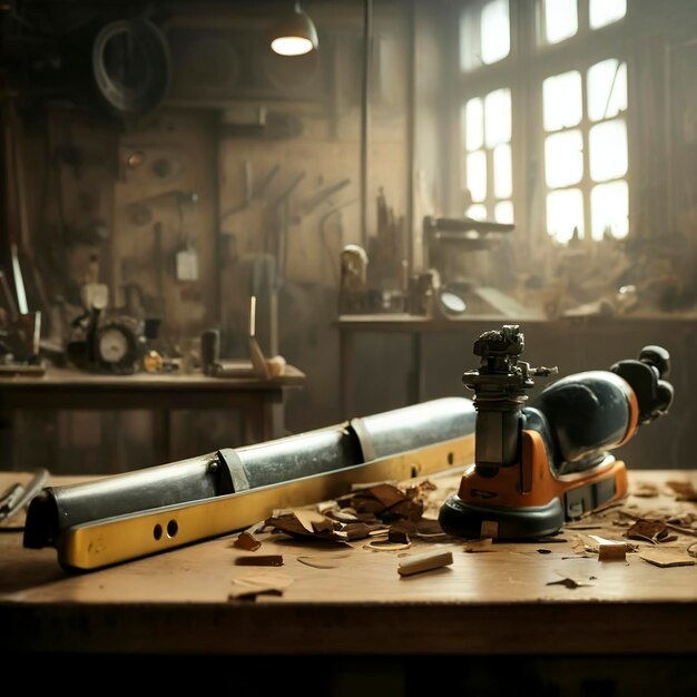 Plane and shavings in workshop