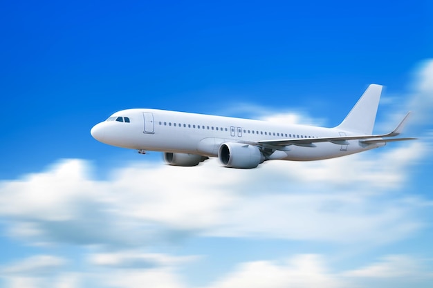 空を飛んでいる飛行機高速旅行の休暇とビジネスの雲の概念の上を飛んでいる旅客機
