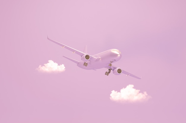 Фото Самолет взлетает и пастельный фиолетовый фон самолет летит с облаками 3d визуализации