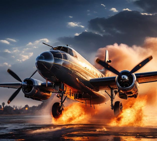 Foto un aereo decolla da una città in fiamme.