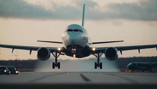 plane takes off from the runway against a cloudy sky