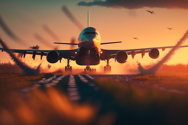 A plane takes off from the runway at sunset.