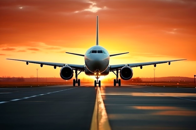 Photo plane taking off at dawn