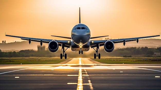 A plane taking off from a runway at sunset