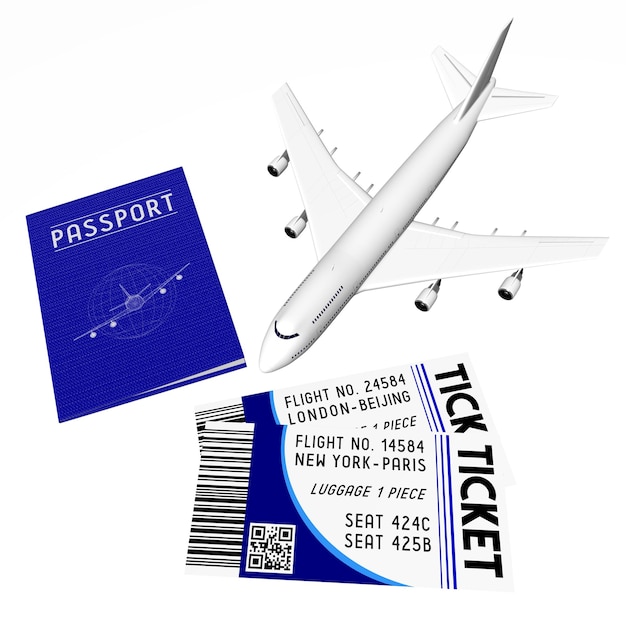 사진 흰색 배경 3d 그림에서 비행기 티켓 여행 여권 및 제트기