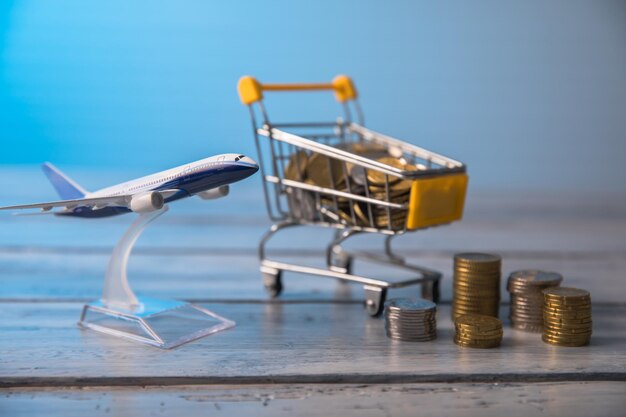 Plane toy and stack of coin