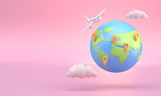 Photo plane traveling around the world 3d illustration