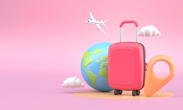 Plane traveling around the world with 3d luggage 3d illustration