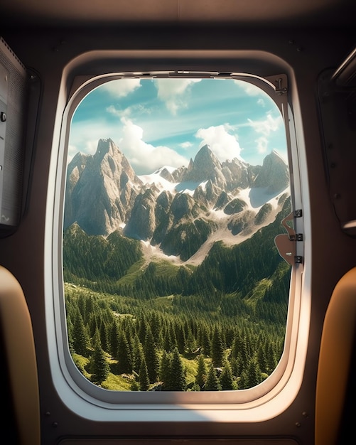 A plane window with mountains in the background