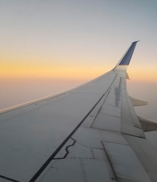 A plane wing in the sky at sunset