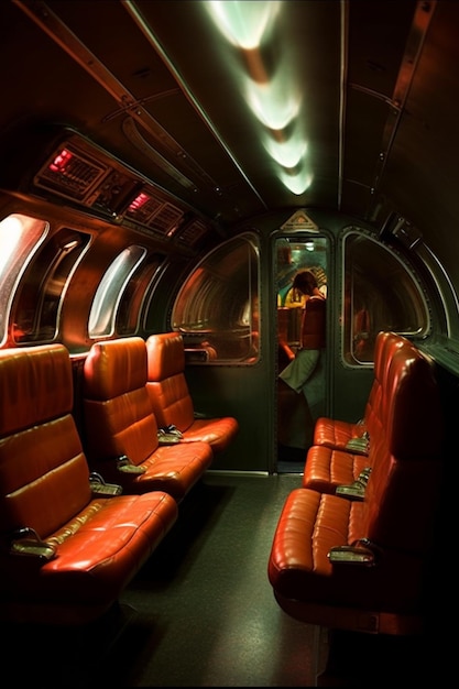 A plane with red leather seats and a red light above it.