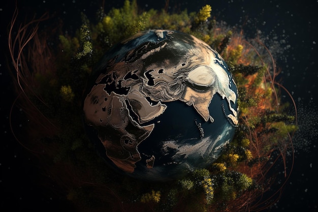 Planeet aarde bedekt met planten symbool van milieubescherming Earth Day concept Generatieve AI