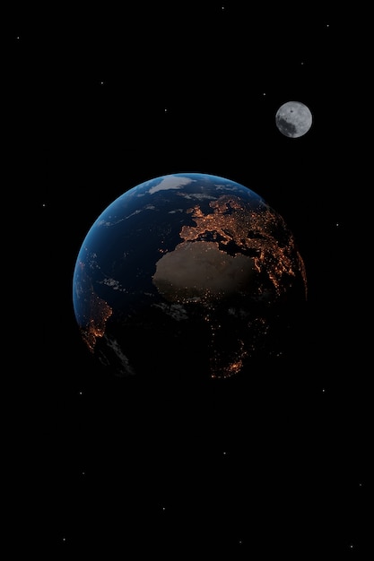 Foto planeet aarde en maan geïsoleerd op zwart