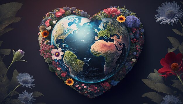 Planeet aarde in de vorm van een hart met bloemen en bladeren Generatieve Ai