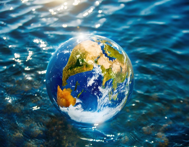 planeet aarde in de vorm van een wereldbol in transparant water zonnefoto