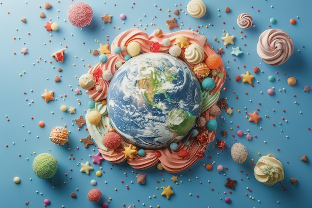 Foto planeet aarde is gemaakt van snoep en chocolade met een pastelblauwe achtergrond