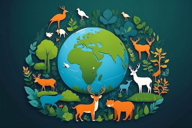 Planeet aarde met dieren en planten voor biodiversiteit