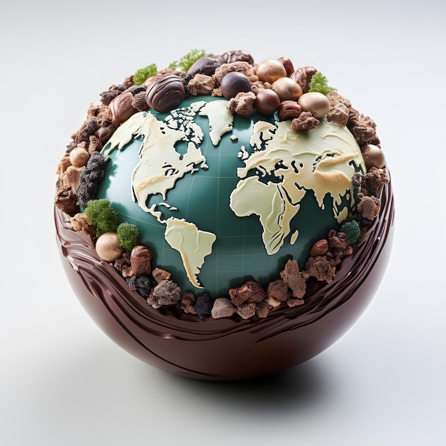 Planeet aarde omringd door chocolade en chocolade op witte achtergrond Wereld chocolade dag