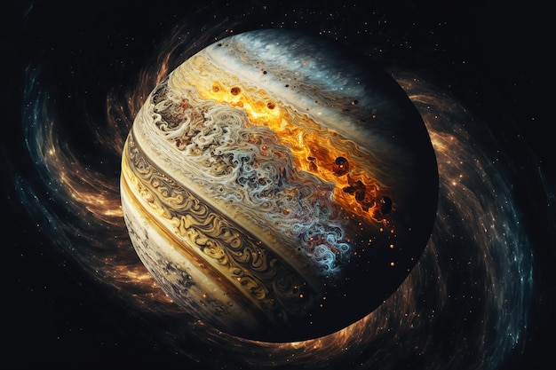 Planeet Jupiter en de kosmische melkwegnevel Beweging van gas op het oppervlak van de planeet Fantastisch ruimtelandschap 3d illustratie