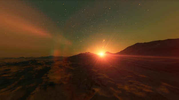 Planeet Mars dageraad zonsondergang rode bergen en de atmosfeer van de planeet 3D-rendering