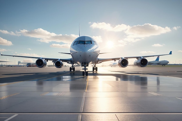 Planes on runway in modern airport