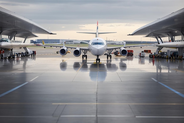 Planes on runway in modern airport