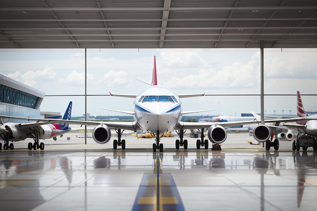 Planes on runway in modern airport