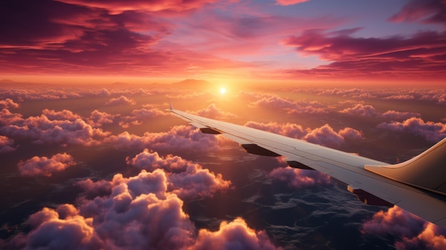 Foto le ali degli aerei attraversano un cielo di nuvole di zucchero di cotone durante un tramonto radioso.